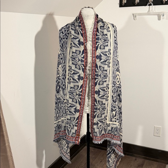 Roots Accessories - Roots | Border Print Navy, Cream and Red Fringed Shawl | OS